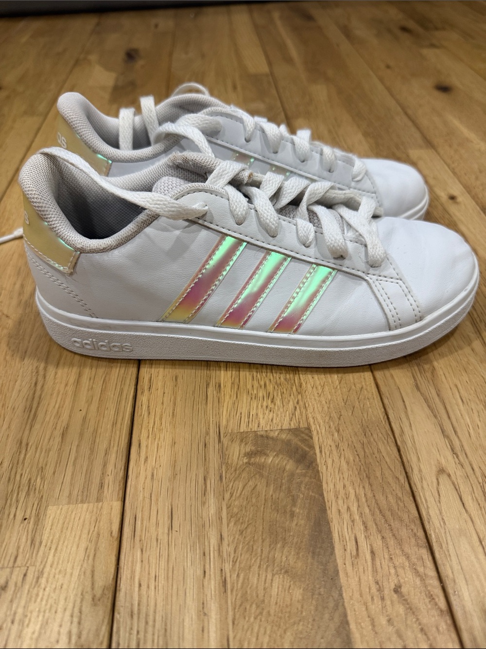 Adidas White Sneakers with Iridescent Stripes and Heel